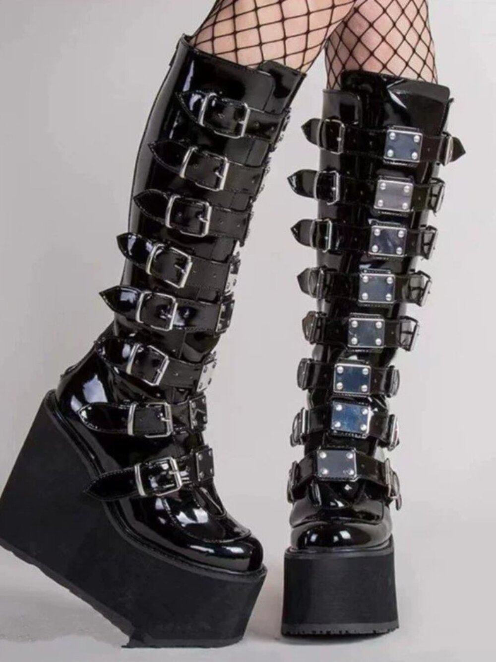 Patent Leather Knee High Multi Buckle Platform Wedge Boots Black (US-9)